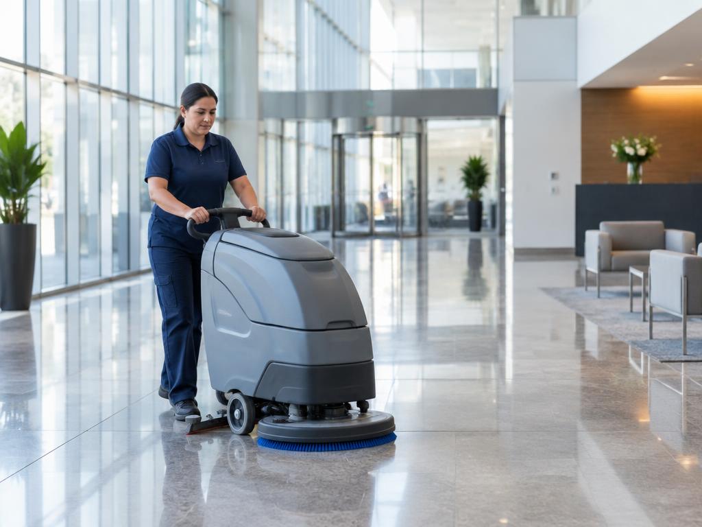 Iconic Services cleaner operating a floor scrubber in a commercial lobby