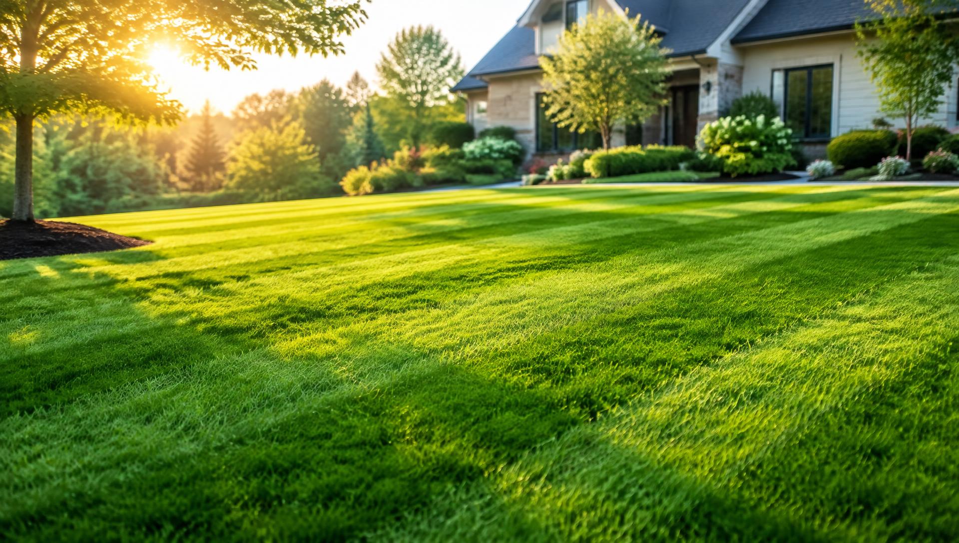 Freshly mowed lawn with crisp stripes in morning sunlight